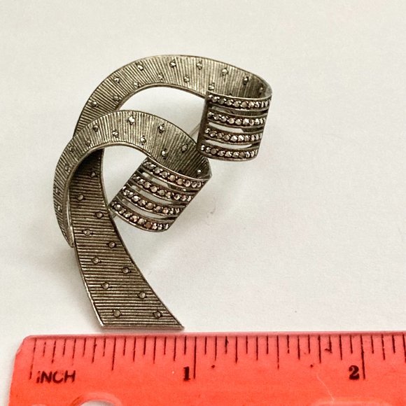 Vintage Sterling Silver Art Deco Marcasite Brooch Pin 925 Estate Ribbon Swirl - Picture 12 of 14